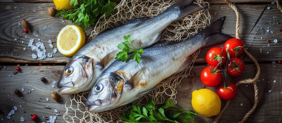 Canvas Print - A couple of fish resting on a fishing net on a wooden table, ready to be cooked with the citrusy flavors of Meyer lemon and Key lime in a delicious recipe.