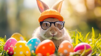 Wall Mural - funny Easter bunny with sunglasses and cap sits in the grass with colourful Easter eggs