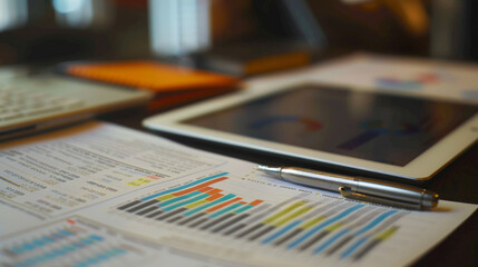 Canvas Print - close-up of a financial report with graphs and a pie chart, a pen resting on the paper, and a tablet displaying additional colorful charts in the background.