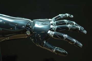 Sticker - A close-up photo of a robotic hand set against a solid black background, Futuristic image of a prosthetic limb, AI Generated