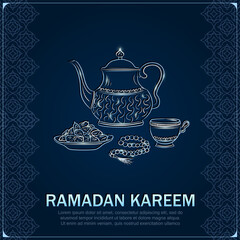 Wall Mural - Eid Mubarak greeting card with hand drawn linear silver antique Arabic kettle, teacup, Muslim rosary praying beads and dates in a bowl as a dish for Iftari. Ramadan kareem dark blue poster