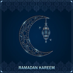 Wall Mural - Ramadan Kareem blue greeting card with hand drawn linear silver crescent moon and shiny Arabic lantern. Square banner with outline Muslim crescent, lamp and arabesque pattern as frame for Eid Mubarak