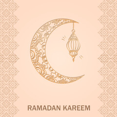 Wall Mural - Ramadan Kareem beige greeting card with hand drawn linear golden crescent moon and shiny Arabic lantern. Square banner with outline Muslim crescent, lamp and arabesque pattern as frame for Eid Mubarak