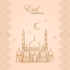 Wall Mural - Eid Mubarak greeting card with hand drawn linear Mosque and crescent moon with stars on soft beige background with Arabic pattern. Template of Ramadan Kareem square banner with golden outline Masjid