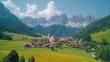 Famous best alpine place of the world, Santa Maddalena village with magical Dolomites mountains in background, Val di Funes valley,