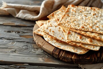 Some Matzahs with a crunchy texture and neutral color contrast with the warmth of the environment resting on a table. Traditional unleavened bread for Jewish Passover.