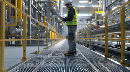 Wall Mural - worker in a reflective safety vest and helmet is standing on a metal walkway inside an industrial plant, holding a clipboard and looking at what appears to be a monitor or control panel.