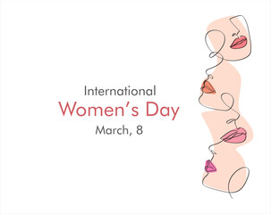 Wall Mural - International women's day greeting card. Women faces in one continuous line drawing. Abstract female portrait in simple linear style. Vector illustration for 8 march	