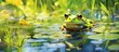 vector illustration of a painting of a green frog sitting on a leaf carried by the river current