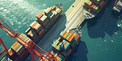 aerial view of international port loading containers, import export business concept