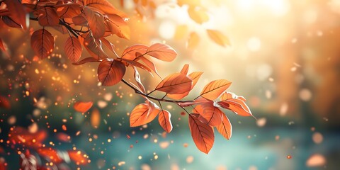 closeup beautiful orange foliage in autumn sunny day with blurry background