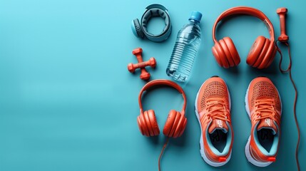 Wall Mural - Fitness and health care concept of red dumbbells, athlete shoes, headphones and drinking water bottle on blue background,