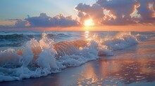 Waves Rolling From Above Breaking Beach. Panorama View Orange Colors Sunset. Sandy Coastline