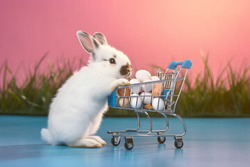 Canvas Print - Cute rabbit, colorful painted easter eggs and a shopping trolley. Concept of happy easter day.