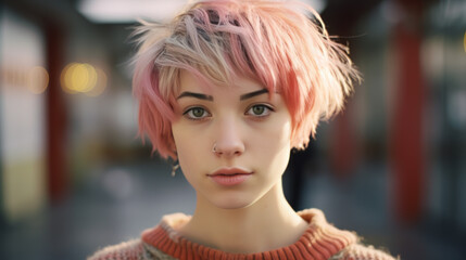 Wall Mural - Portrait of a teenager girl with pink hair on the street.