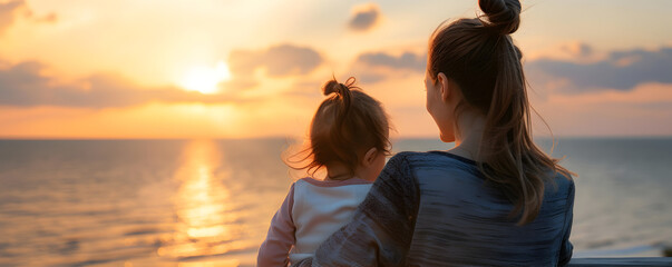 Back view of a mother and her daughter at sunset. Concept of mother day, motherhood, parent love.