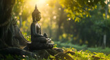 Fototapeta  - Buddha statue meditating near big tree.