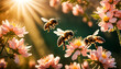 Nahaufnahme Biene fliegt vor Frühlings Himmel um frisch leuchtende Blüten Blume und sammelt Pollen für Honig und Nahrung, bestäubt Pflanzen damit diese Früchte tragen können, Hintergrund Sommer Sonne