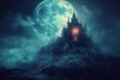 A photo of a majestic castle situated on a hill, with a full moon shining brightly in the background, Glowing haunted mansion on a hill overlooked by a full moon, AI Generated