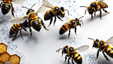 fleißige Bienen Honigbienen Insekten schwirren und fliegen vor Hintergrund in weiß mit Honig und Waben, Makro hübscher Tiere der Natur Nützlinge für Blüten Blumen Bestäubung und Nahrung