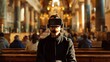 man in a church with virtual reality glasses sitting in high resolution and quality. church concept, culture and religion, Catholics, Christians, apostolic, Protestants, Muslims