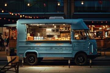 A bright red food truck with a striped canopy is parked on the busy city street, offering a variety of delicious food to passersby, Gourmet burger truck in an industrial urban setting, AI Generated