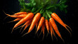 fresh organic carrots on black background with reflection of water. healthy food concept.