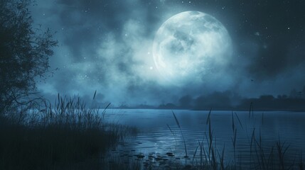 Wall Mural - An ethereal moonlit night texture background, with the moon casting a serene glow over a dreamy landscape.