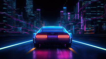Wall Mural - car ride on the neon road in 80s retro synthwave style.