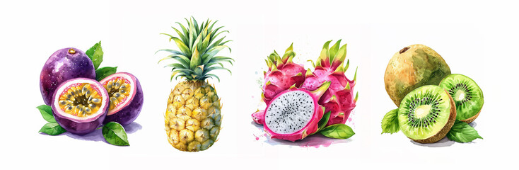 Wall Mural - Watercolor exotic kiwi, pinapple, dragon and passion fruits with leaves botanical clip art  Watercolor illustration isolated on white background for menu design, print, social media