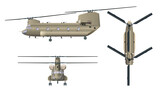 Fototapeta Dinusie - Military transport helicopter. Isolated 3D drawing of armed copter. Top, front and side views. Industrial blueprint of war force aviation. USA army cargo vehicle