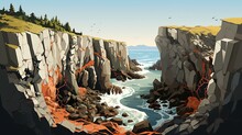 Vector Illustration Of A High Rock Cliff Between The River Leading To The Beach