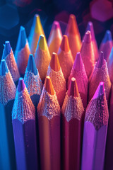 Leinwandbilder - A vibrant arrangement of neon-colored pencils set against a dark, luxurious background for a bold contrast,