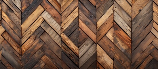 Canvas Print - A herringbone patterned wooden wall in a rich brown wood stain, reminiscent of hardwood flooring. The building material showcases tints and shades of brown, adding depth to the pattern.