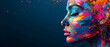 © Дмитрий Симаков - Banner with a woman's face covered in colorful paint explosion on the right corner on solid background