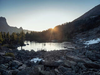 Wall Mural - morning landscape with gold sunlight in big mountains