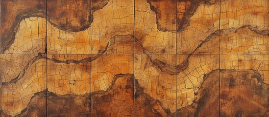 Wall Mural - A detailed close-up of a wooden plank showcasing a unique pattern, resembling art created by nature from the tree's trunk.