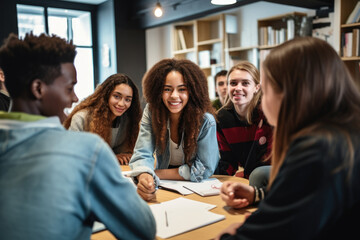 Group of people teenagers with book in modern classroom.