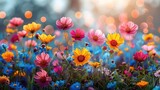 Fototapeta Kosmos - Colorful flower meadow with sunbeams and bokeh lights in summer - nature background banner