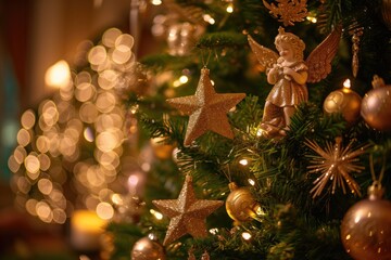 Poster - A detailed view capturing the beautiful twinkling lights on a festive Christmas tree, Heavily decorated Christmas tree with stars, angels, and sparkling lights, AI Generated