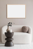 Fototapeta Na drzwi - Blank picture frame mockup on gray wall. White living room design. View of modern scandinavian style interior with artwork mock up on wall. Home staging and minimalism concept