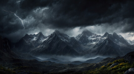 Poster - Beautiful landscape with high mountain peaks in a stormy evening. Dark mode colors. Generated AI