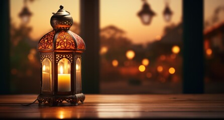 Wall Mural - a lantern with a candle sitting on a table set in front of a window