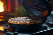 Golden Homemade Waffle Cooking in Iron with Warm Light Background Banner