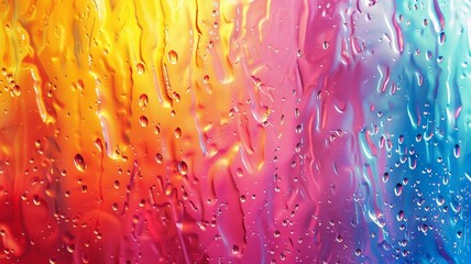  Closeup through window of rainy day with water dripping down glass against blurred colorful background