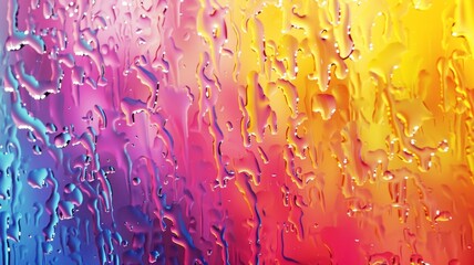  Closeup through window of rainy day with water dripping down glass against blurred colorful background