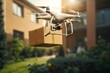 Smart package Drone Delivery tech professionals. Box shipping urbanization adaptation parcel drone shipping transportation. Logistic tech freight tracking mobility indoor gardening