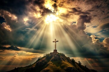 holy cross symbolizing the death and resurrection of Jesus Christ with The sky over Golgotha Hill is shrouded in light and clouds