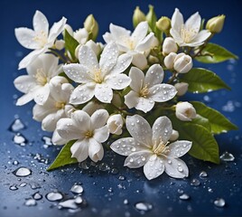  Jasmine flowers with water drops on a dark blue background.