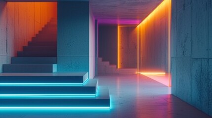Wall Mural - Abstract interior of a minimalist house with concrete, wood, and neon lighting.